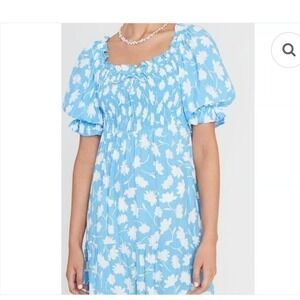 Faithfull The Brand Anthropologie Blue White Floral Midi Dress Puff Sleeve S